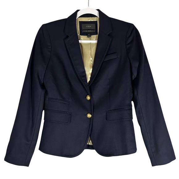 J Crew Schoolboy Blazer Sz 0 Navy Blue Wool Spandex Gold Button Career Jacket - Picture 1 of 11